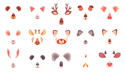 Animal face video chat. Eared animals muzzle photo filter effect for selfie in smartphone social messenger, funny mask sticker puppy dog ears pig nose ingenious vector illustration