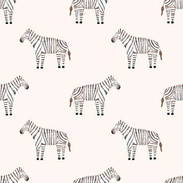 Zebra seamless pattern. African, tropical, zoo, savannah fauna, wild animal. Abstract colored pencils hand drawn illustration of safari wallpaper, baby fabric, kids digital paper, children textile