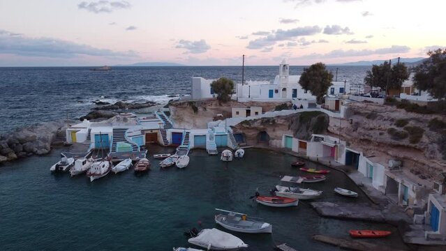 Mandrakia Fishing Village Aerial View in Aegean Sea, Cyclades Island, Greece