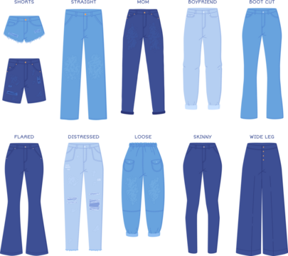 Jeans styles for men. Jean pants of different fit. Simple silhouette icons.  Male denim trousers guide. Outline flat pictograms. Straight, wide leg,  slim, skinny, relaxed style, boot cut, carrot jeans Stock Vector |