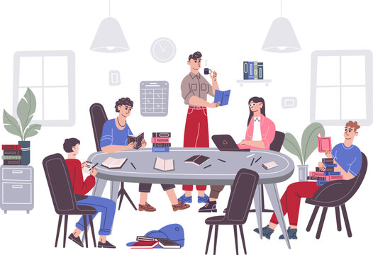 Students working together. Student group studying school work, discussion project at table in library classroom or home, remote study learning on laptop, recent vector illustration