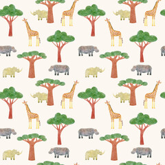 Colorful savanna seamless pattern with African nature. Colored pencils drawing safari wild animals. Abstract hand drawn illustration, giraffe, rhinoceros, hippopotamus, trees. Fauna wallpaper, fabric