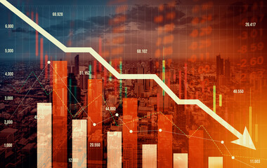 Economic crisis concept shown by declining graphs and digital indicators overlap modernistic city...