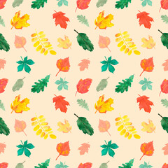 Obraz premium Hand drawn watercolor autumn leaves seamless pattern on cream background. Can be used for textile, Scrapbook design, banner.