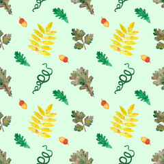 Obraz premium Hand drawn watercolor autumn leaves seamless pattern on green background. Can be used for textile, Scrapbook design, banner.