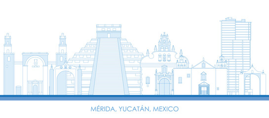 Fototapeta premium Outline Skyline panorama of city of Merida, Yucatan, Mexico - vector illustration