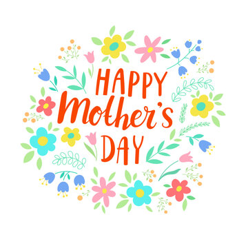Happy Mother's day card with floral elements. Lettering. Logo element for print design. Hand drawn vector illustration isolated on a white background.