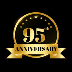 Fototapeta premium Golden badge circle wedding anniversary labels celebration number with flat gold ribbon 95 years