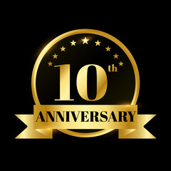 Golden badge circle wedding anniversary labels celebration number with flat gold ribbon 10 years