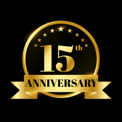 Golden badge circle wedding anniversary labels celebration number with flat gold ribbon 15 years