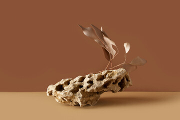 Stone podium mock up with dry leaves, mock up for product cosmetic