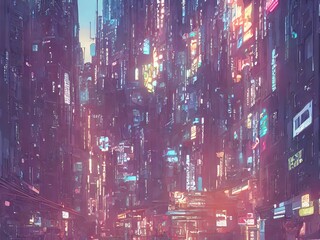 Cyberpunk cityscape with neon signs