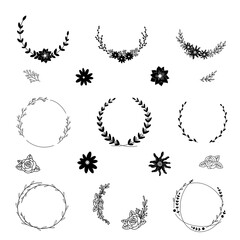 Obraz premium Floral wreaths with flowers, branch and leaves, edelweiss blossom. Vintage template set. Decorative design elements. Hand drawn vector illustration for labels, cards, invitation