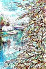 Autumn leaves. Landscape. Drawing with colored pencils.