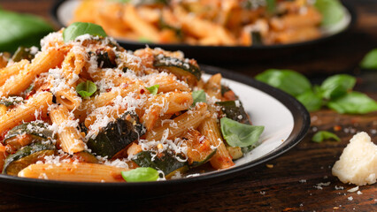 Zucchini penne pasta with parmesan cheese, basil and tomato. Healthy food