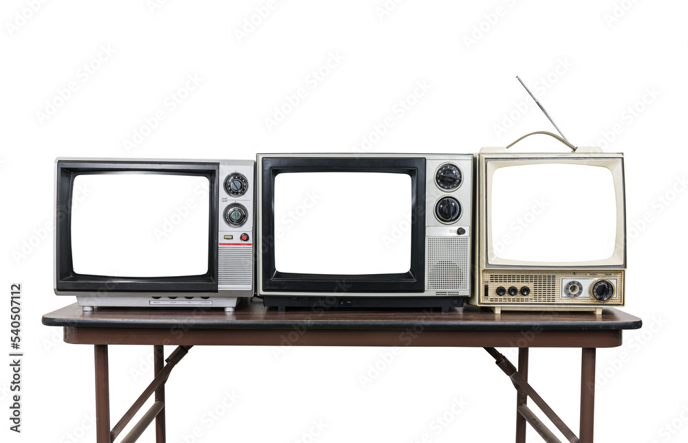 Sticker three vintage televisions on wood table isolated with cut out screens.