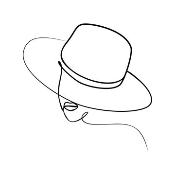 Female face in a hat One line drawing. One line drawing of a woman's face in hats on a white background. Beautiful minimalist design. vector illustration