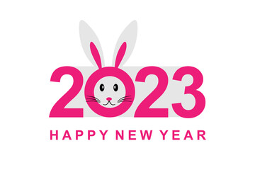 2023 New Year Creative design. Happy New Year 2023 in pink on a white background. Rabbit zodiac sign. vector eps10