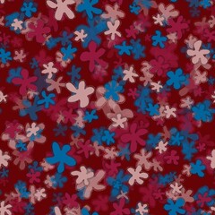 Trendy fabric pattern with hand drawn miniature colorful flowers on burgundy background.Motif scattered random with layering effect.Template for fashion print,fashion textile,fabric,wrapping paper