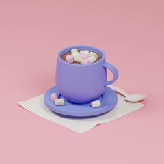Cup of cocoa with marshmallows on the pink background. 3d render illustration.