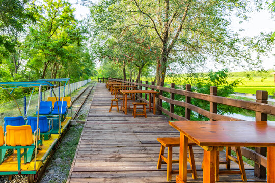 A pavilion and tables and chairs in the Xiqing Country Park in Tianjin