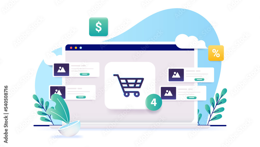 Poster Online shopping on laptop computer - Vector illustration with flat design and front view of shopping basket and abstract shop design elements on white background