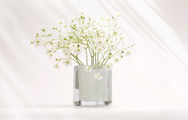 White flower bouquet in  vase on gray interior. Minimalist still life. Light and shadow nature...