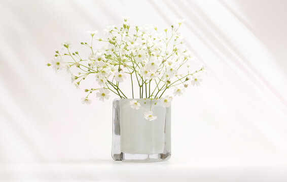 White flower bouquet in  vase on gray interior. Minimalist still life. Light and shadow nature horizontal background.