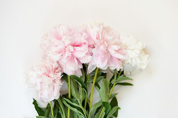 Obraz na płótnie Canvas Bouquet of flowers. Pink and white peonies on white background. Beautiful flowers for valentines and wedding scene. Valentines and 8 March Mother Women's Day concept.