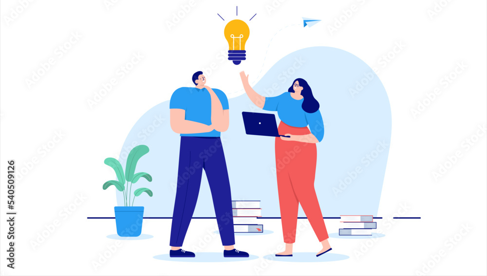 Fototapete idea people with light bulb - two cartoon vector characters coming up with ideas and being creative 