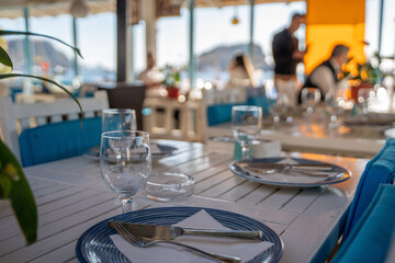 table setting at a fancy beach restaurant