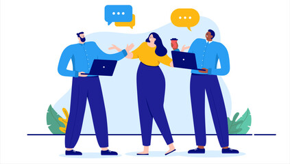 People talking and discussing - Team of three characters standing and having conversation at work in office. Flat design cartoon vector illustration with white background