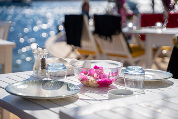 table setting at a fancy beach restaurant