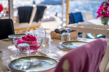 table setting at a fancy beach restaurant