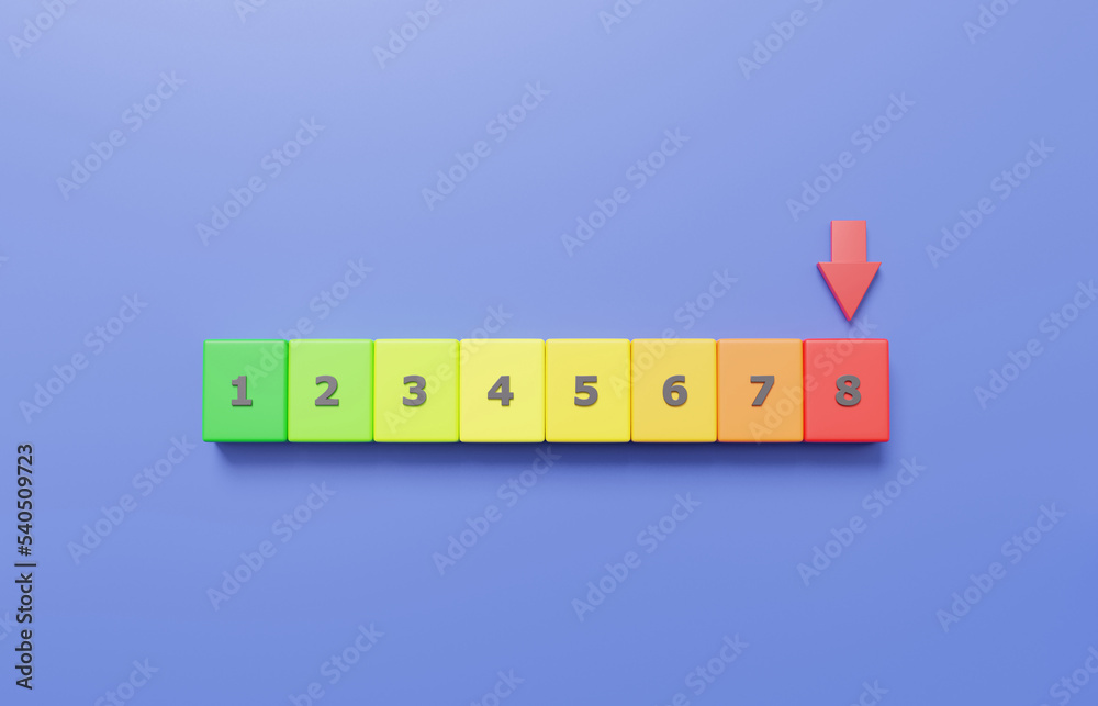 Poster arrow point pointer rating high risk levels scale speed number eight status red speedometer icon per
