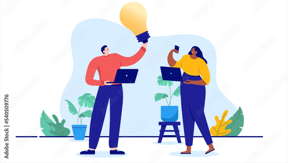 Poster coming up with idea - two people at work smiling and being happy with new ideas in office. flat desi