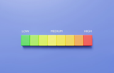 Pointer rating risk levels scale speed low medium high status green speedometer icon performance, meter, tachometer on purple background. Minimal cartoon. 3d render illustration