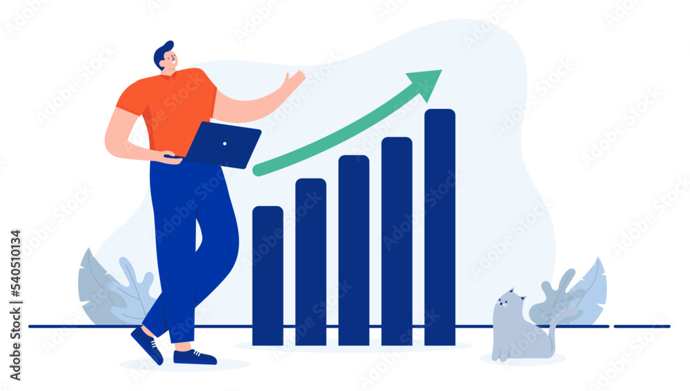 Leinwandbilder casual man success - regular person standing with rising chart and diagram with green arrow pointing