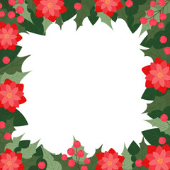 Frame of poinsettia flowers and berries. Christmas decor for your design.
