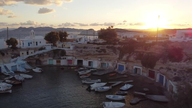 Mandrakia Fishing Village Aerial View in Aegean Sea, Cyclades Island, Greece