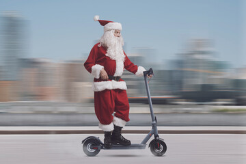 Confident Santa Claus riding a scooter