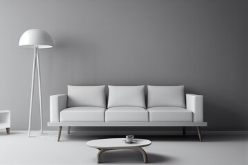 White modern minimalist interior with sofa, coffee table and floor lamp. 3d render illustration mockup.