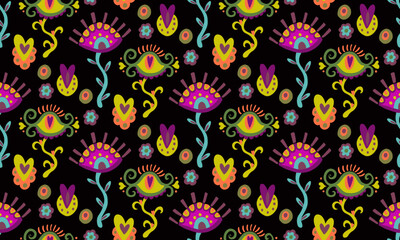Seamless psychedelic floral black pattern. Pink and green flower eyes bright wrap and gift paper