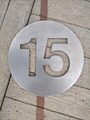 fifteen,15 in number on a round steel colored metal plate, with a wooden background,