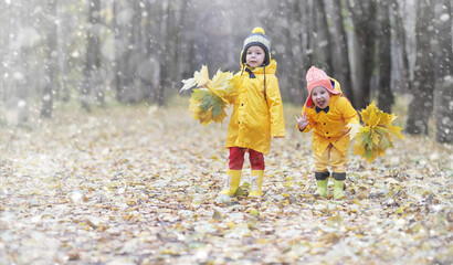 Toddlers on a walk in the autumn park. First frost and the first snow in the autumn forest....