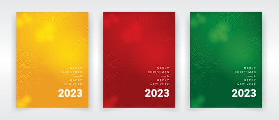 Merry christmas and happy new year 2023 poster with bright and colorful background. greeting card for christmas and new year 2023. flyer or cover
