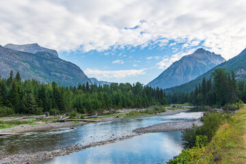 Landscape of McDonald Creek Next to Going-to-the-Sun-Road in Glacier National Park, Montana, USA
