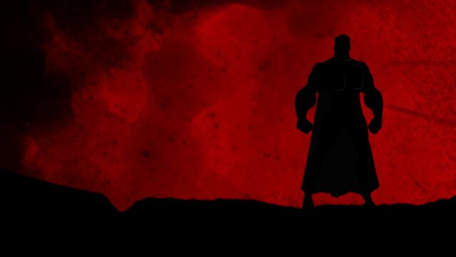 Superhero Standing in Grunge Rain Red Background 4K Loop features the silhouette of a superhero on a dark landscape with a red background with dark grunge elements floating in a loop.