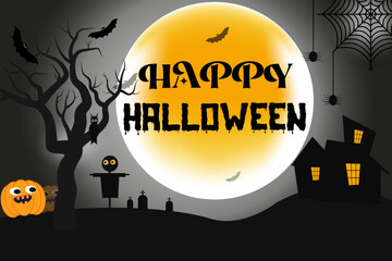 Happy Halloween terrifying night Background with black bats,spider,Pumpkin,horror Night scene,Spooky Nighttime Happy halloween festival horrible background.