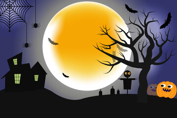 Happy Halloween terrifying night Background with black bats,spider,Pumpkin,horror Night scene,Spooky Nighttime Happy halloween festival horrible background.